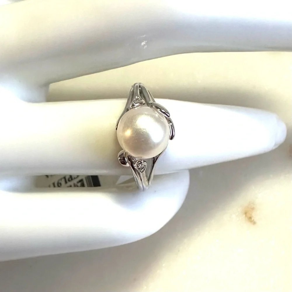 White Cultured Freshwater Pearl & White Zircon Rhodium Over Sterling Silver Ring